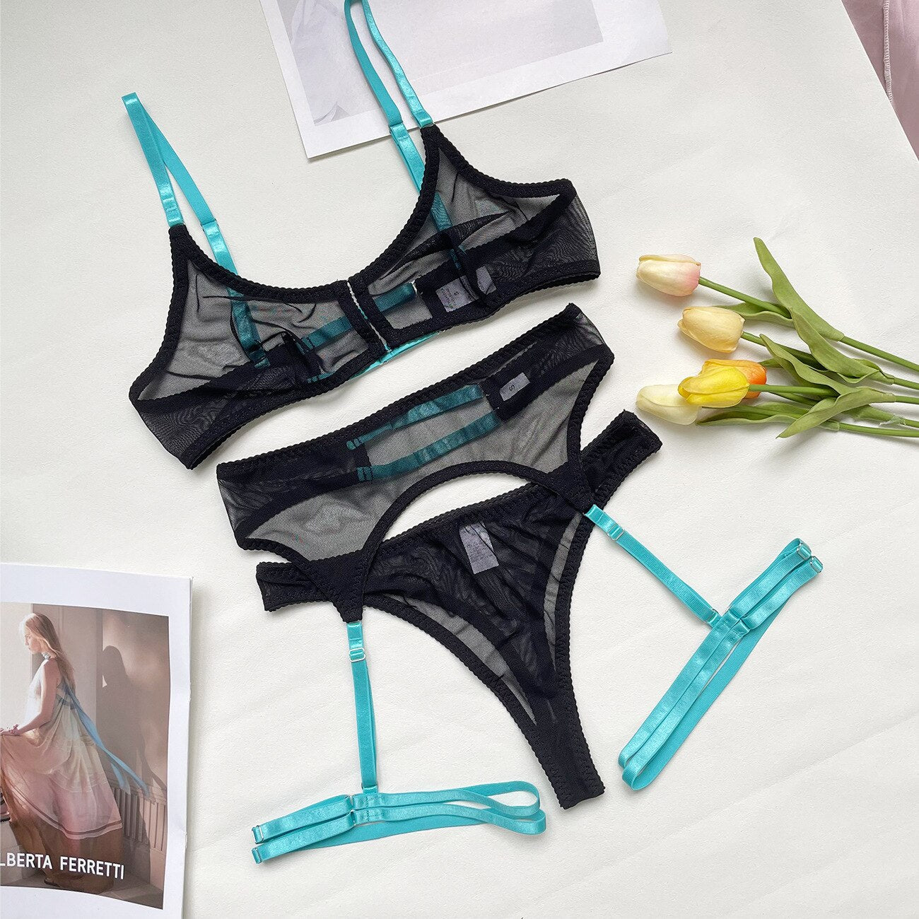 3-Piece Mesh Bra Set Women Transparent Color Straps Underwear Set 5 Colors Sexy Lingerie Set