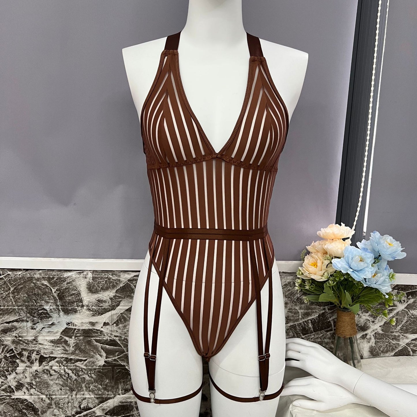 Deep V Neck Stripes Bodysuit Women Mesh Bodysuit One Piece Black SexyTeddies Femme