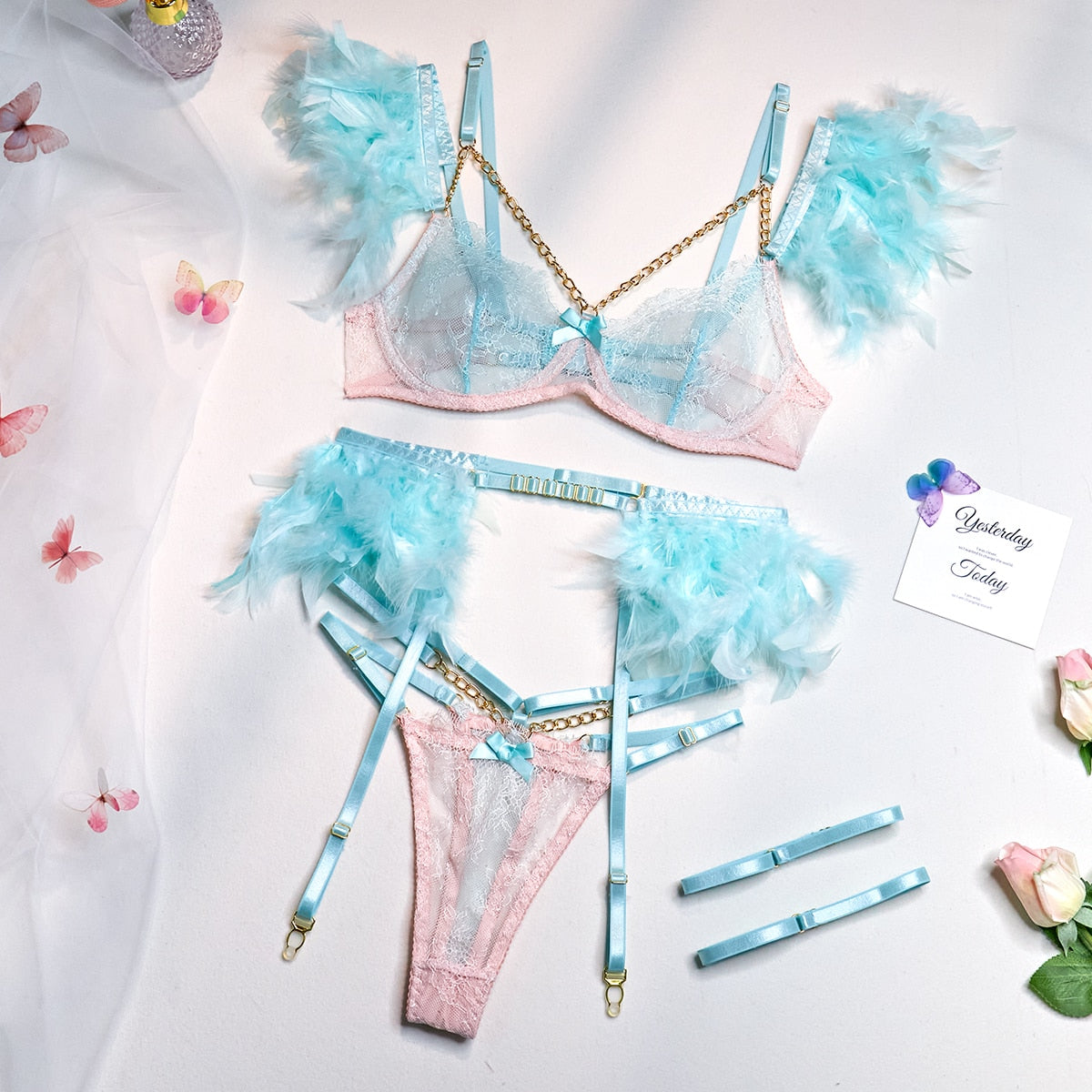 3-Piece Feather Decorated Lace Exotic Sets Women Sexy Lingerie Set Chain Panty Garter Fancy Luxury Kit