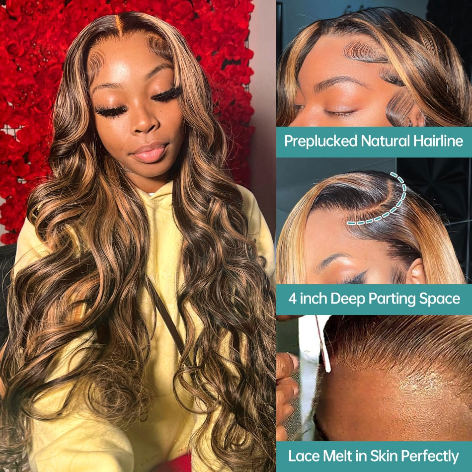 Honey Blonde Highlight Human Hair Wig 13x4 Lace Frontal Wig Body Wave Lace Front Wig