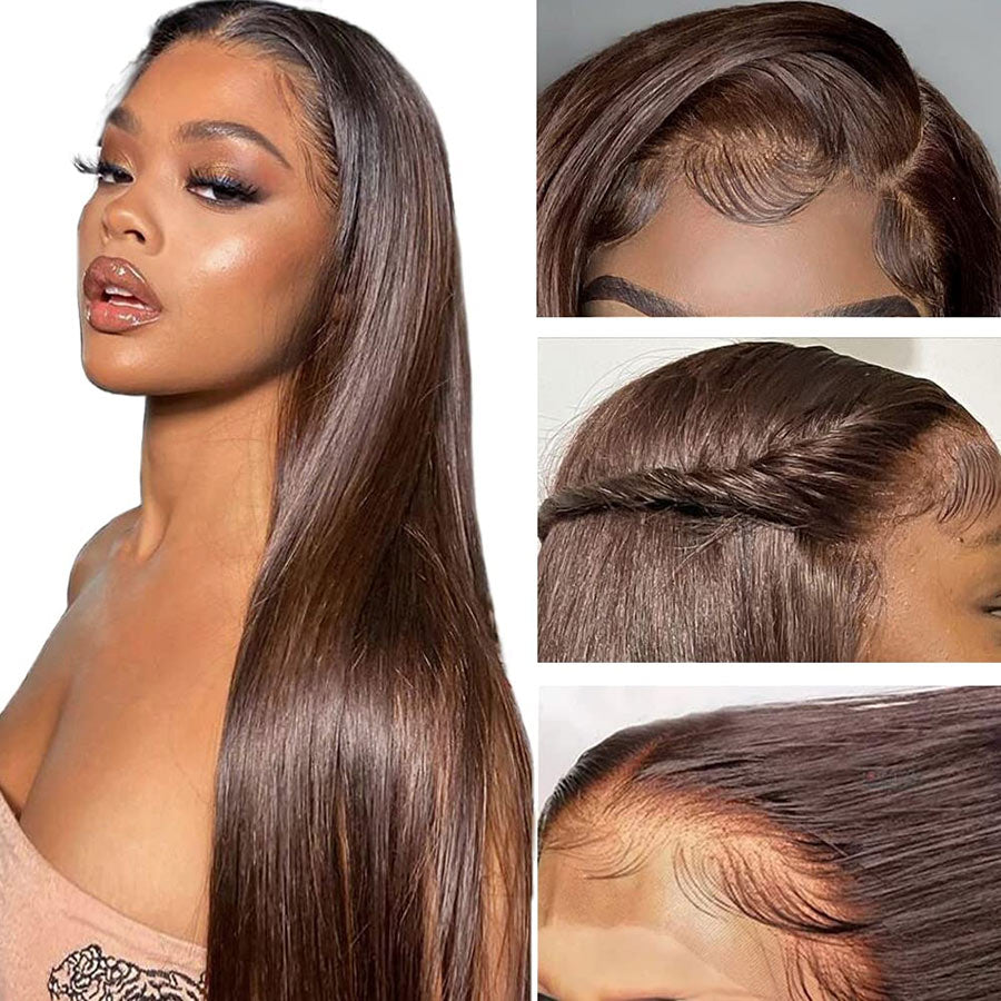 Brown Long Straight Lace Frontal HD Human Hair Wigs