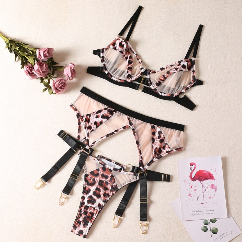 Leopard Lingerie 3-Piece Mesh Patchwork Garter Belt See Through Bra and Panty Set