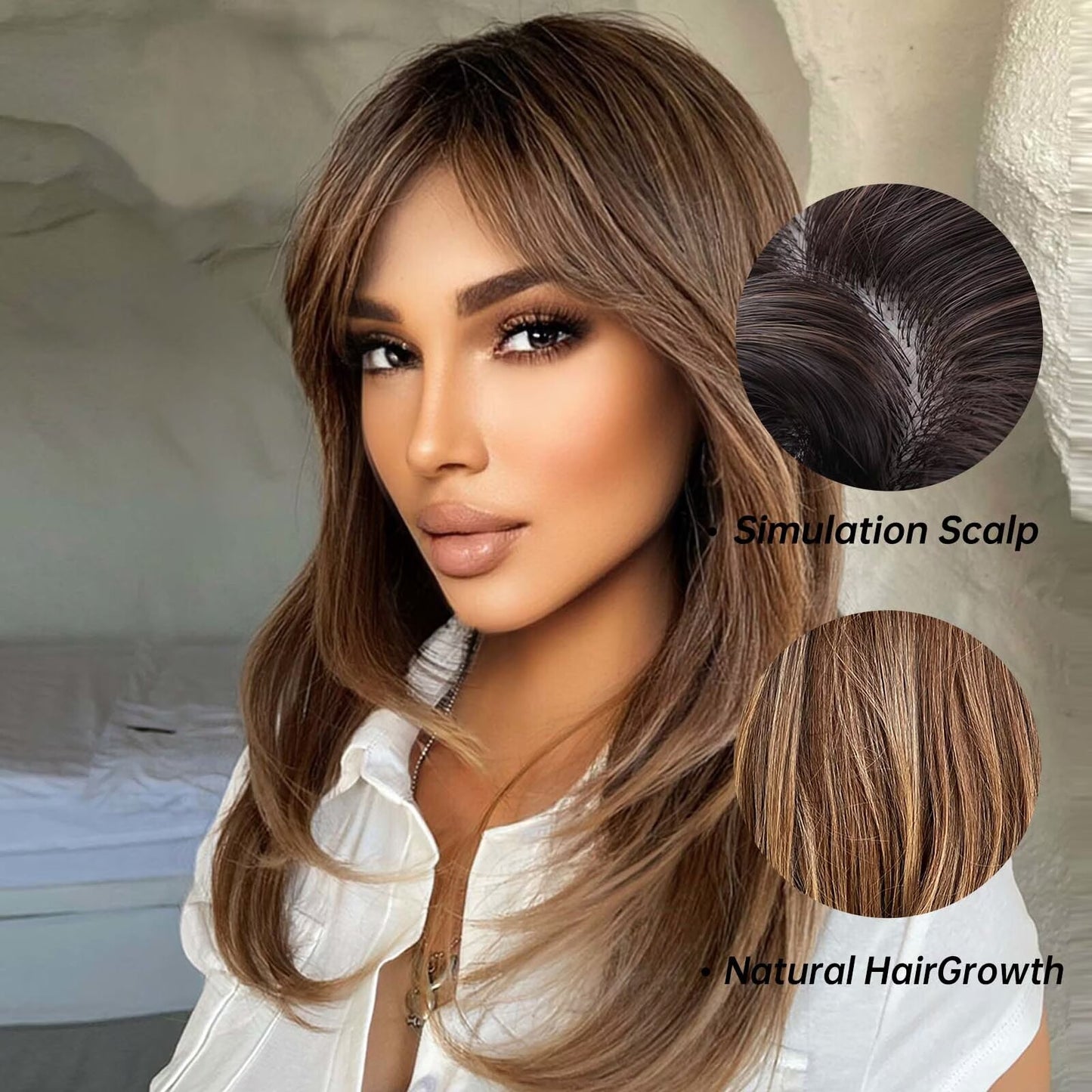 Medium Length Brown Highlight Layered Synthetic Wigs Natural Straight Hairs Wig