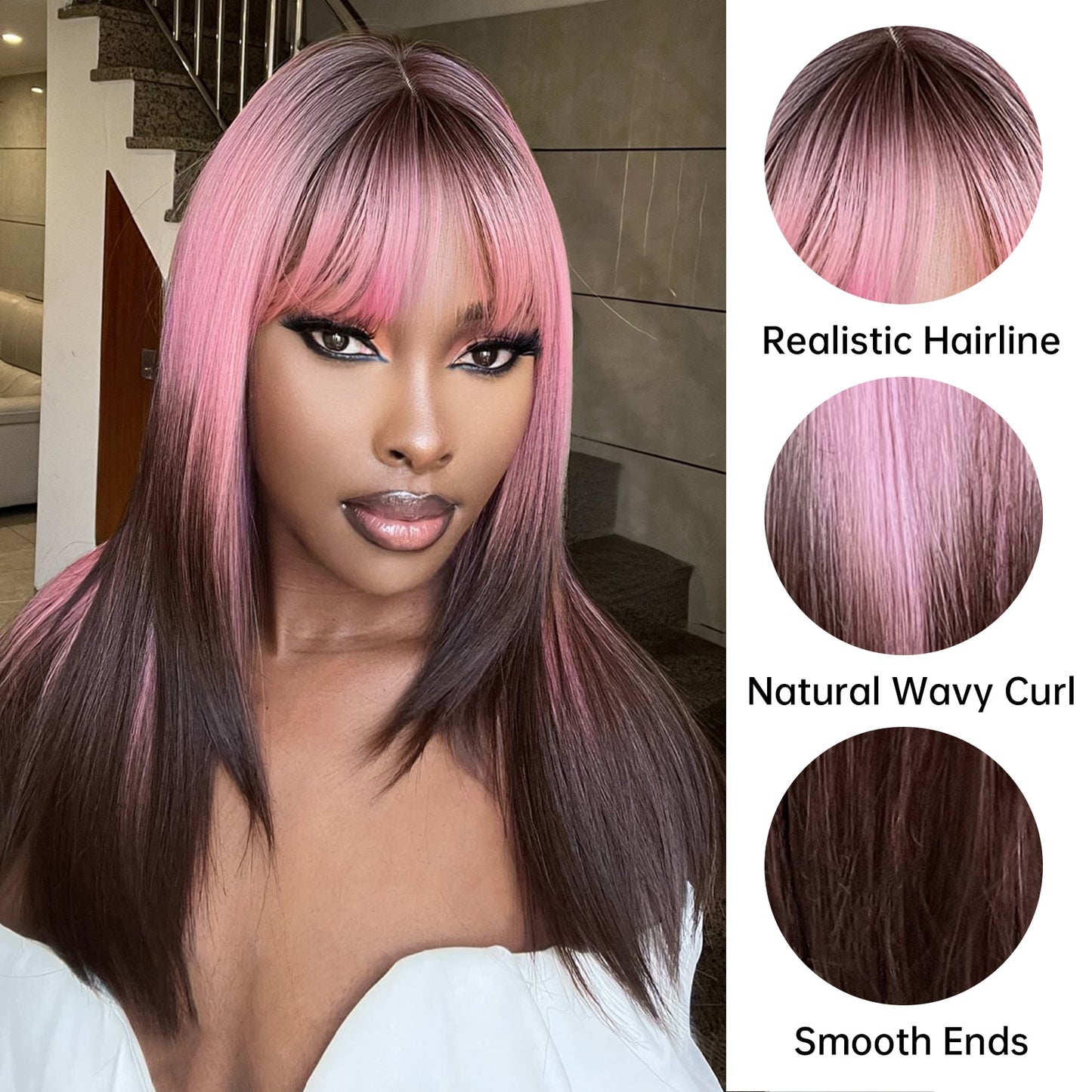 Pink Brown Ombre Straight Medium Lenght Synthetic Wigs