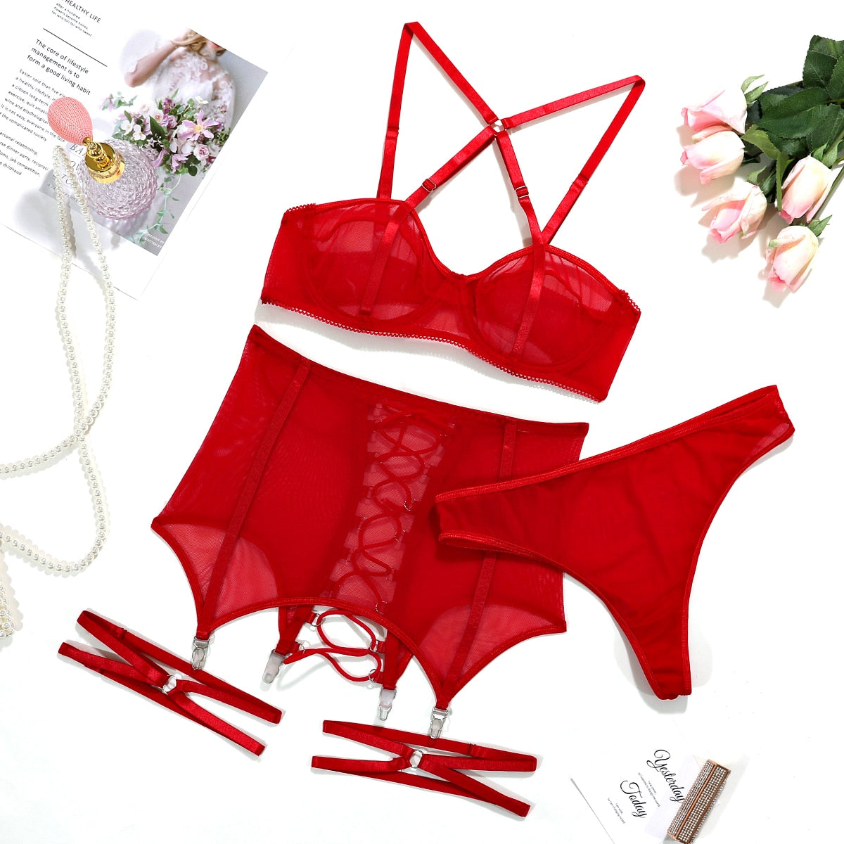 3-Piece Back Open Lingerie Set Lace Up Bandage Exotic Sets Mesh Transparent Femme Lingerie Fancy Kit