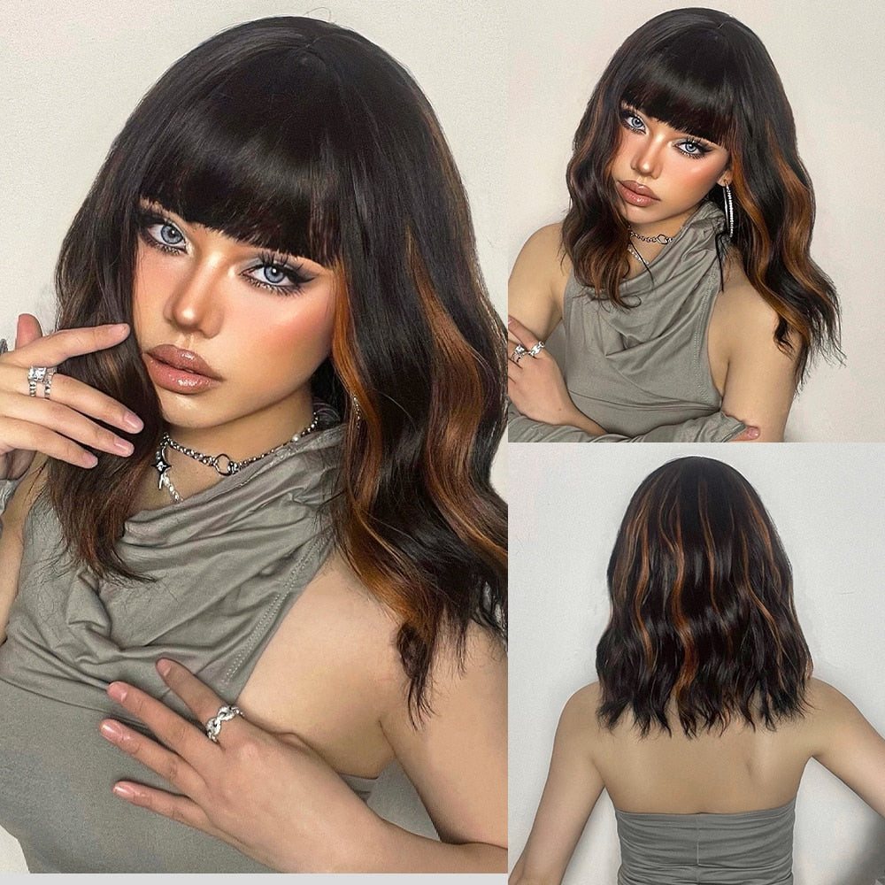 Red Copper Ginger Synthetic Wigs with Bangs Medium Length