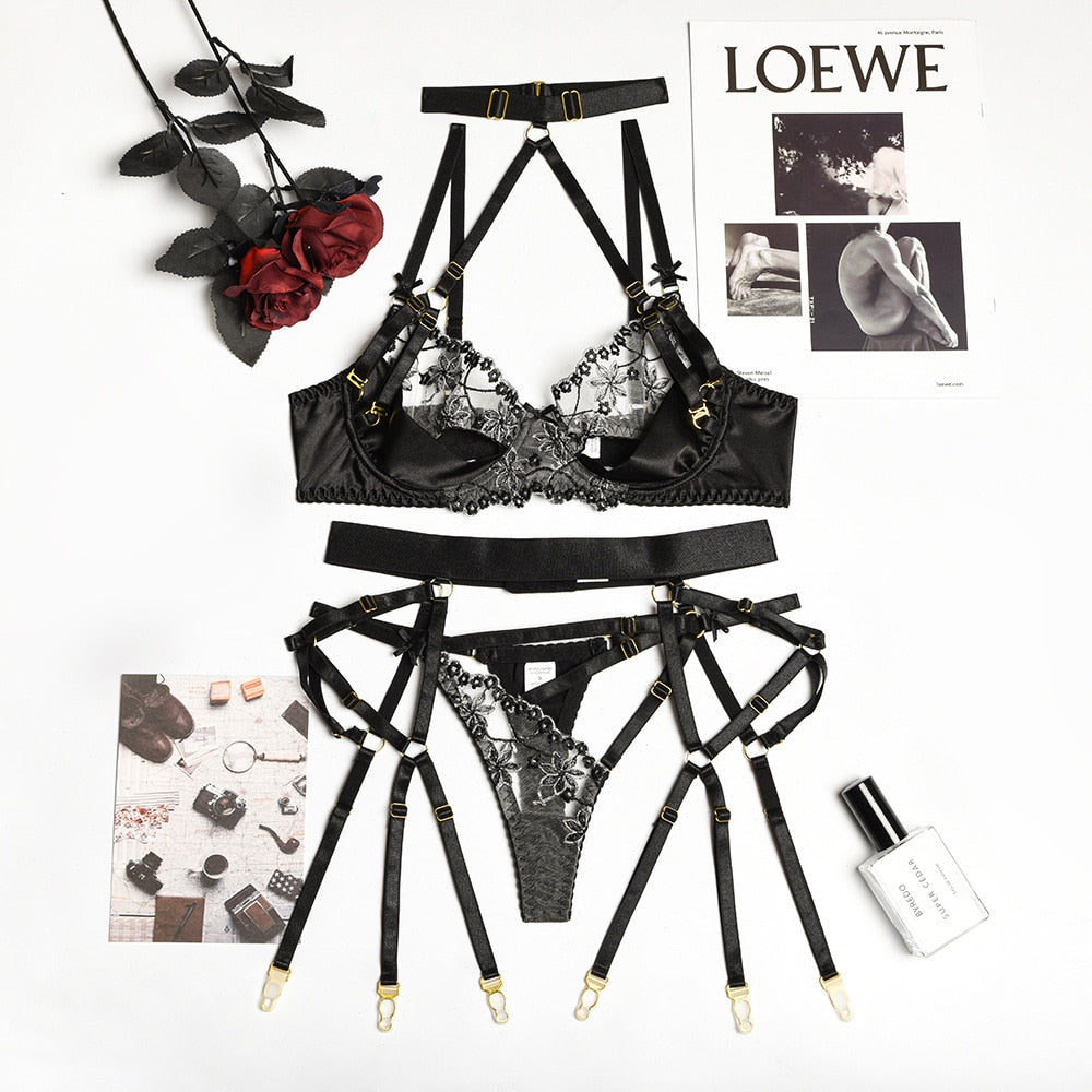 3-Piece Lace Lingerie Set Women Cut Out 5 Colors Embroidery Floral Erotic Set Pink Bandage Sexy Brief Kit