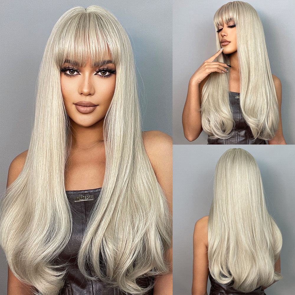 Long Wavy Ginger Brown Synthetic Wigs with Bangs