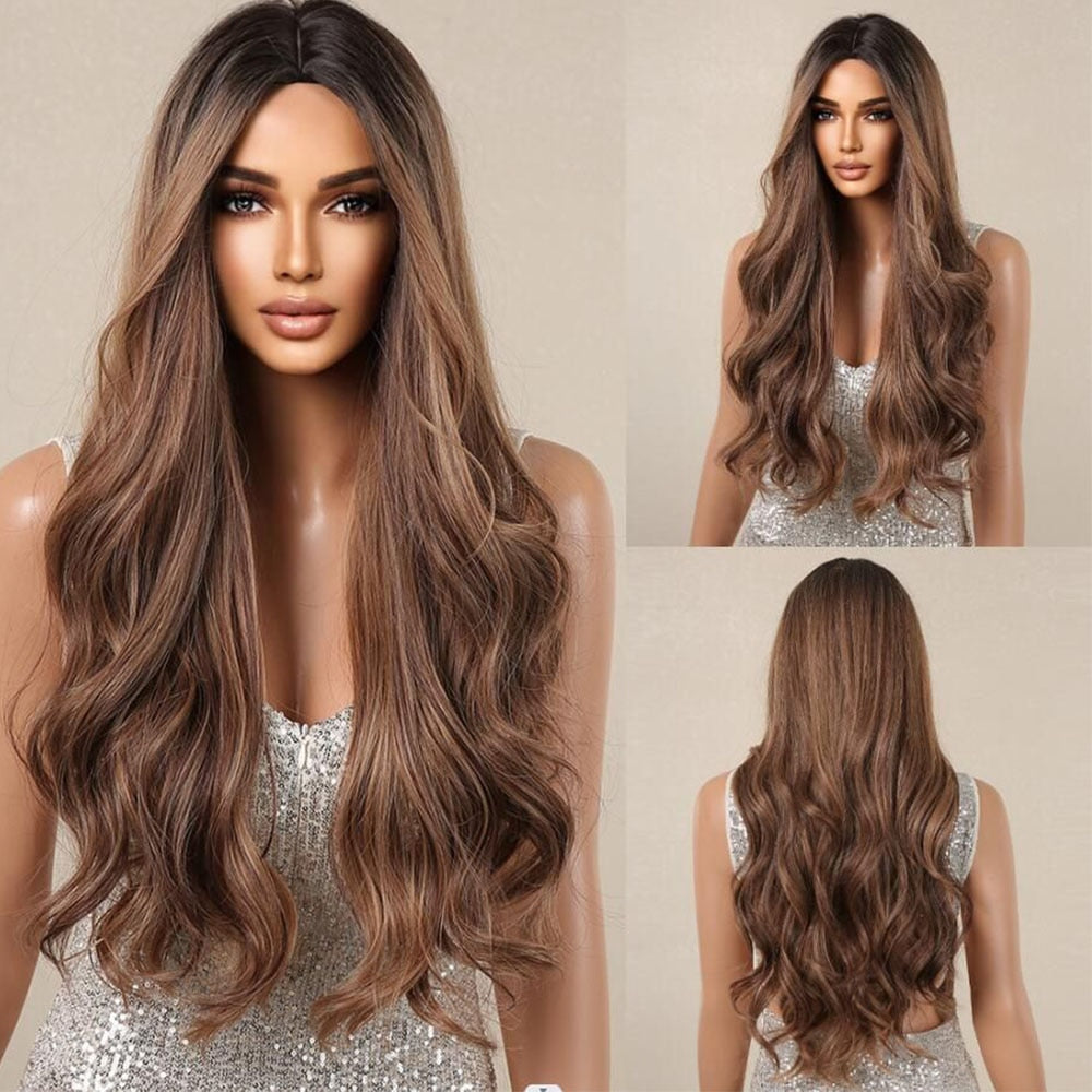Natural Long Wavy Ombre Brown Blonde Highlight Synthetic Wigs