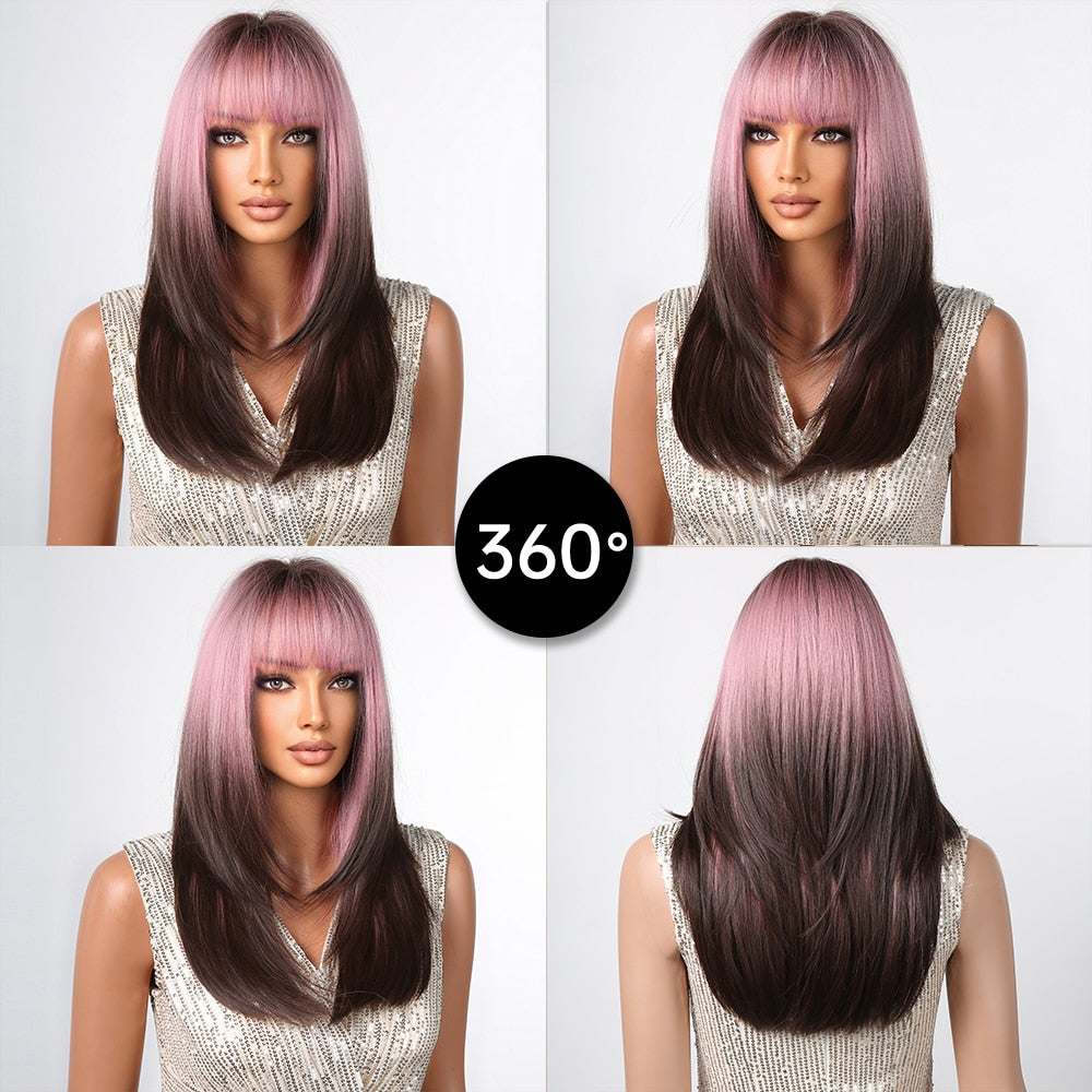 Pink Brown Ombre Straight Medium Lenght Synthetic Wigs