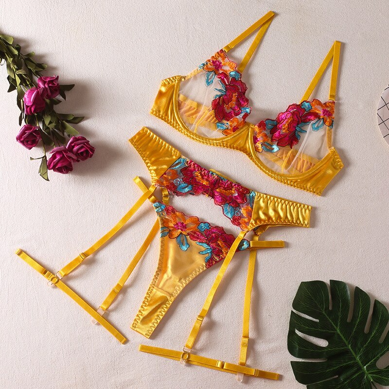 3-Piece Contrast Color Lace Bra Set Women 10 Colors Embroidery Panty Underwear Set Ladies Blue Sexy Lingerie Set