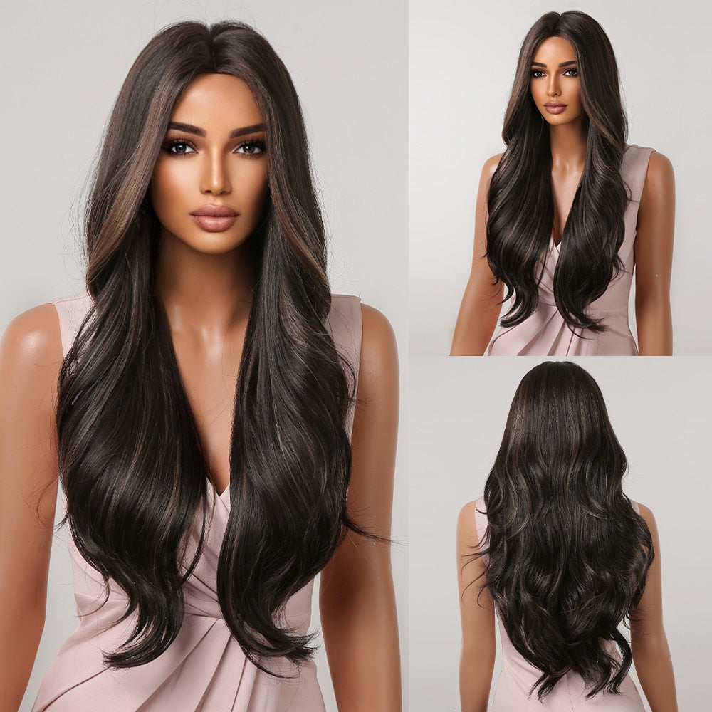 Brown Long Curly Wavy Synthetic Wigs with Blonde Highlights