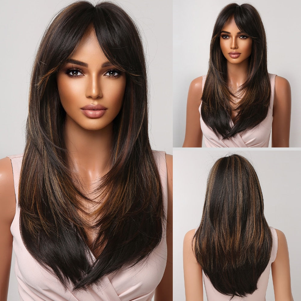 Pink Brown Ombre Straight Medium Lenght Synthetic Wigs