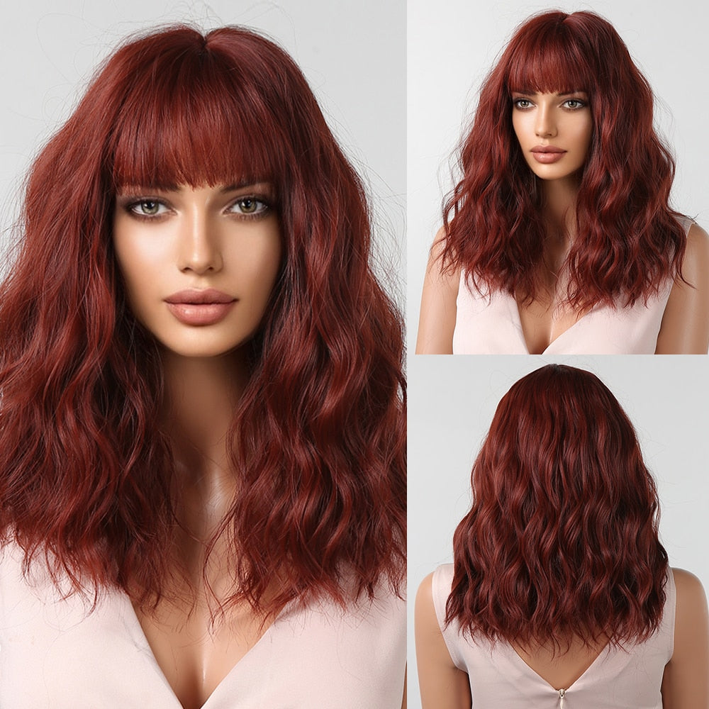 Red Copper Ginger Synthetic Wigs with Bangs Medium Length