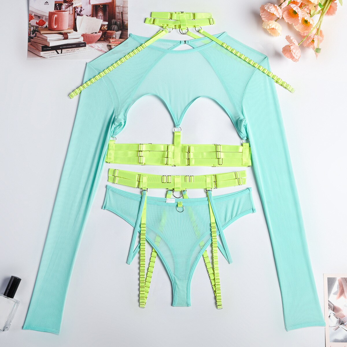 4-Piece Gothic Lingerie Set Women 11 Colors Backless Fancy Black Halter Mesh Bandage Exotic Sets