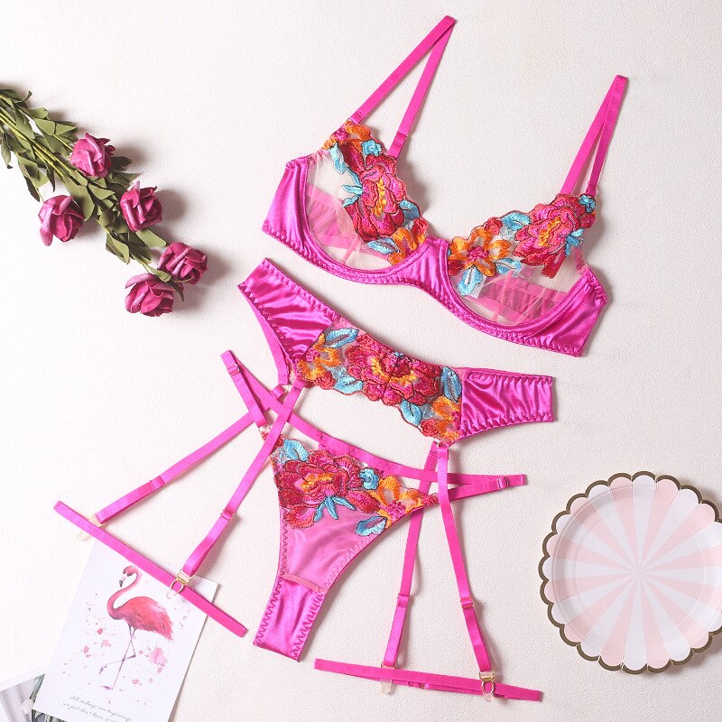 3-Piece Contrast Color Lace Bra Set Women 10 Colors Embroidery Panty Underwear Set Ladies Blue Sexy Lingerie Set