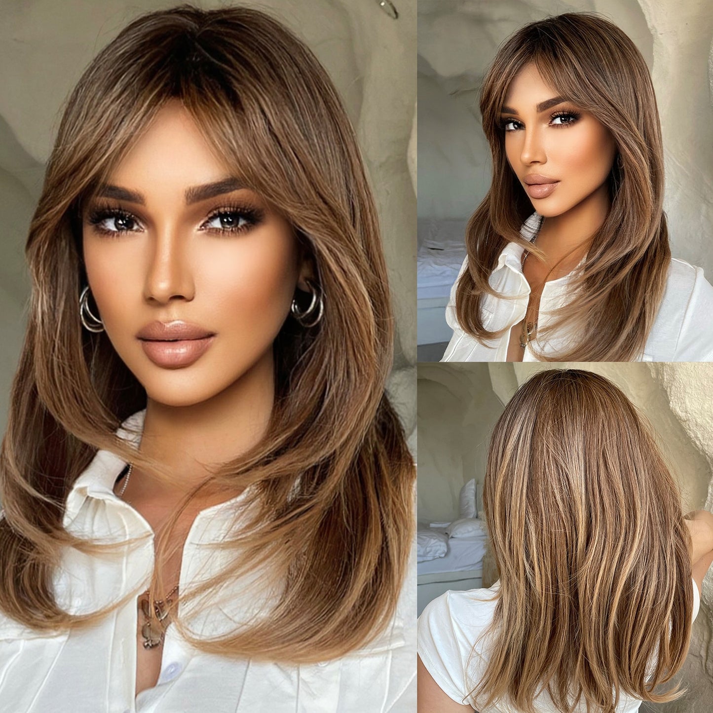 Pink Brown Ombre Straight Medium Lenght Synthetic Wigs