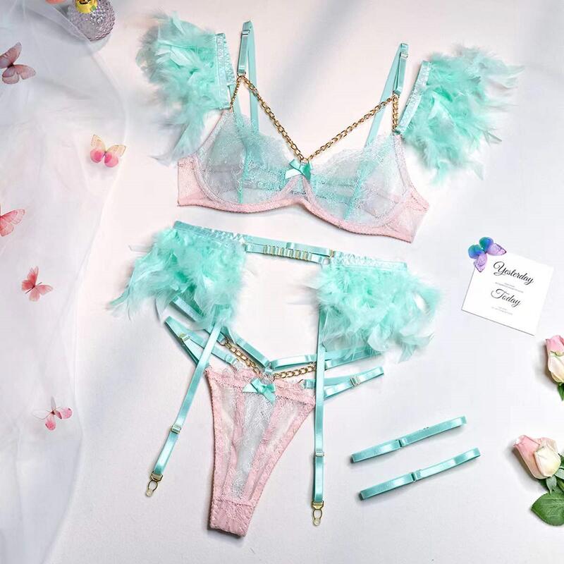 3-Piece Lace Feather Exotic Sets Women Chain Patchwork 8 Colors Panty Underwear Set Ladies Sexy Lingerie Set