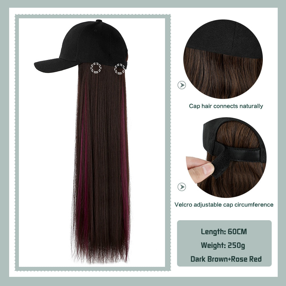 Black White Baseball Cap with Wig Long Straight Hair Curly Hair Hat Wig