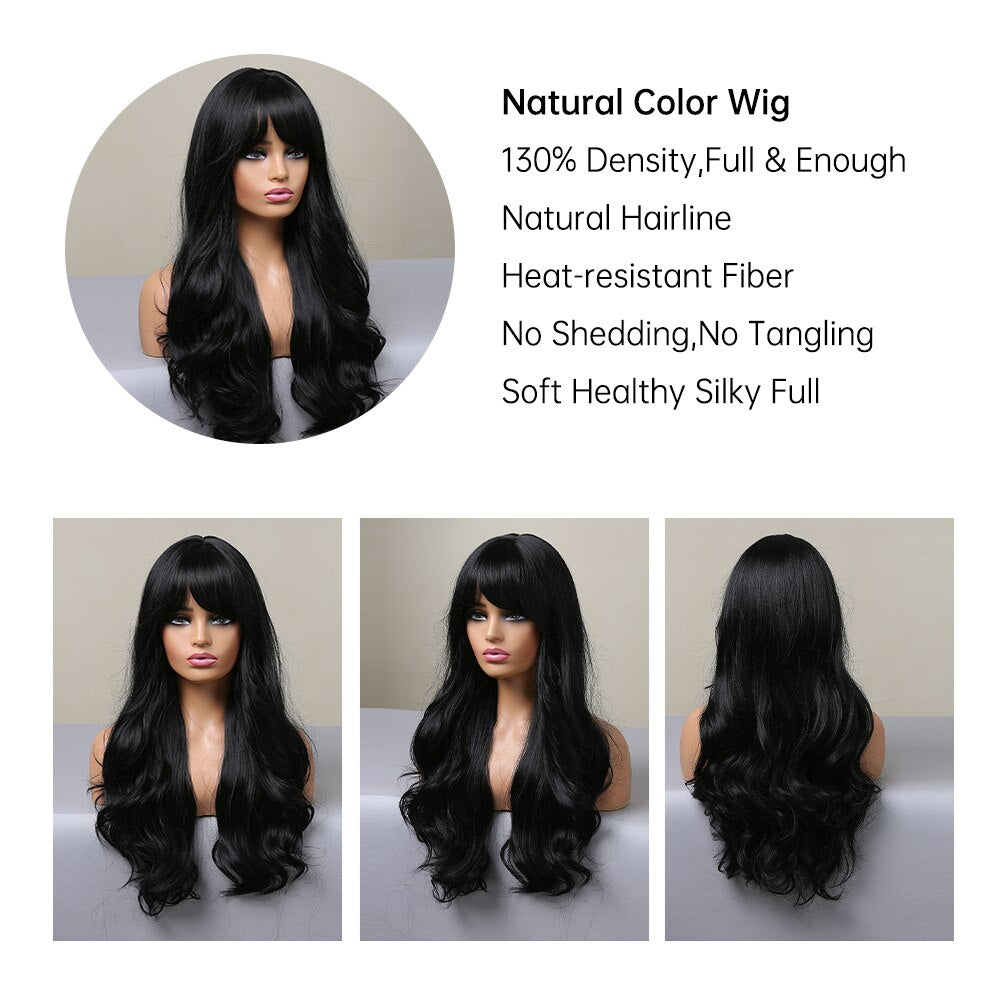 Long Black Wavy Synthetic Wigs with Bangs