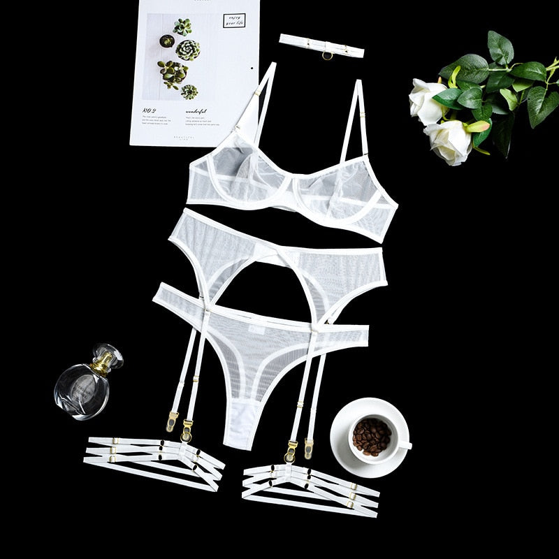 4-Piece Lingerie Set Women Mesh Garter Panty Underwear Set 8 Colors Transparent Sexy Lingerie Set