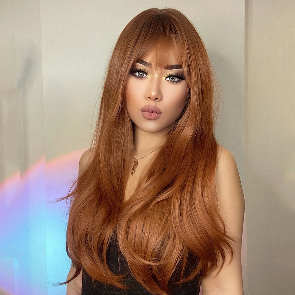 Red Copper Ginger Long Wavy Synthetic Wig with Bangs