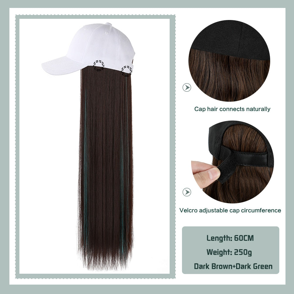 Black White Baseball Cap with Wig Long Straight Hair Curly Hair Hat Wig