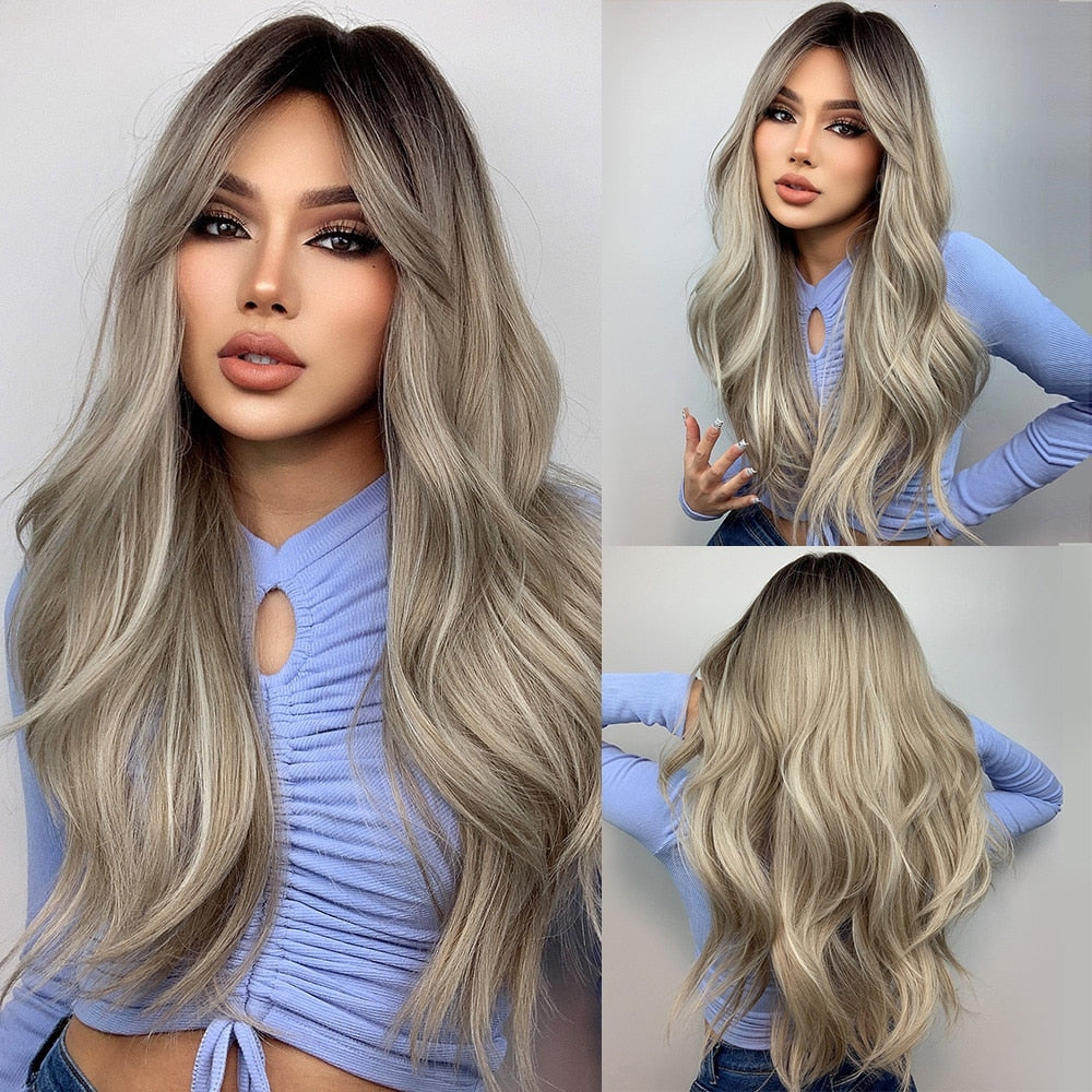 Long Black Wavy Synthetic Wigs with Bangs