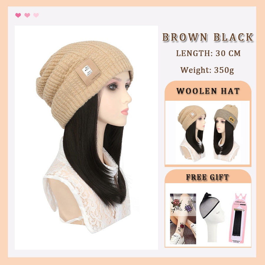 Black White Baseball Cap with Wig Long Straight Hair Curly Hair Hat Wig