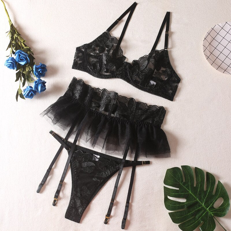 Lace Bra Set Women Transparent Mesh Patchwork Sexy Lingerie Set Floral Garter Brief Underwear Set