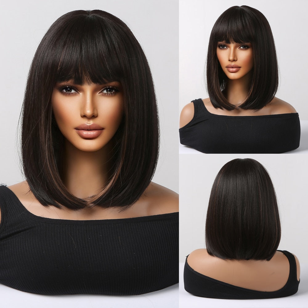 Purple Pink Ombre Black Short Straight Synthetic Wigs with Bangs Bob