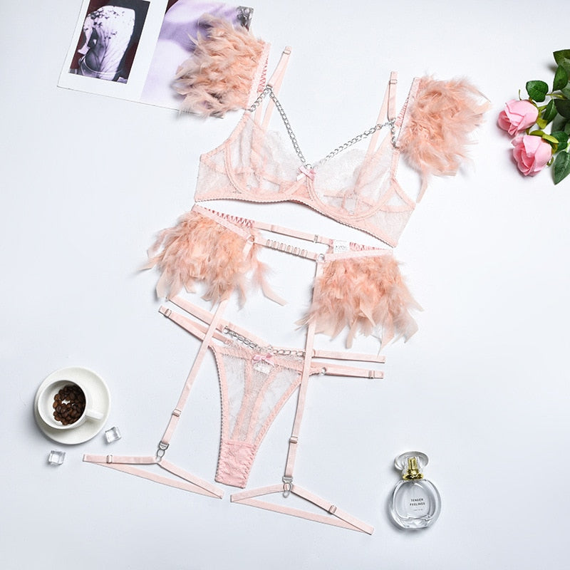 3-Piece Lace Feather Exotic Sets Women Chain Patchwork 8 Colors Panty Underwear Set Ladies Sexy Lingerie Set