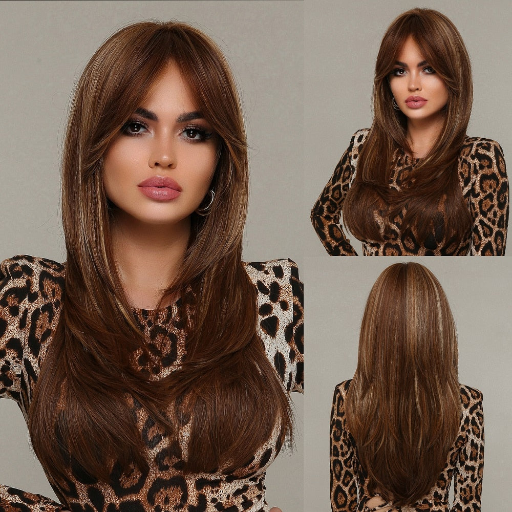Medium Length Brown Highlight Layered Synthetic Wigs Natural Straight Hairs Wig