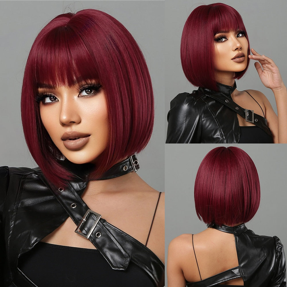 Dark Brown Synthetic Wig with Bangs Shoulder Length Straight Wig