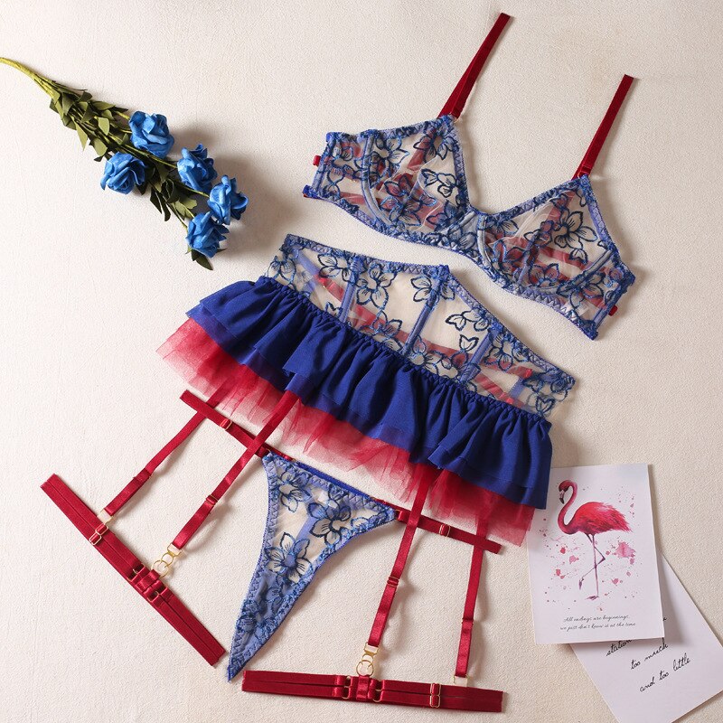 Lace Lingerie Set Women Sexy Patchwork Contrast Color Dress Mesh Brief Underwear Set Vintage Garter Kit