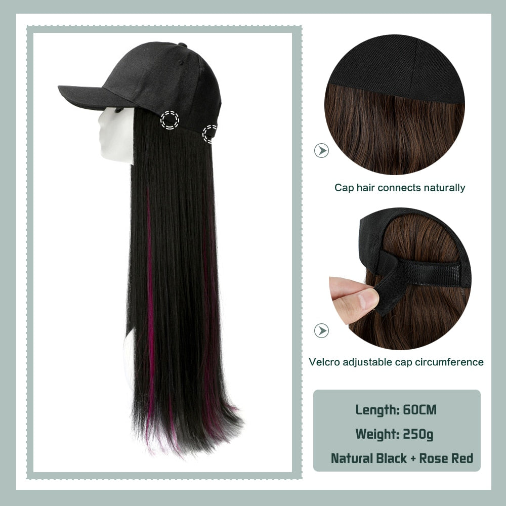 Black White Baseball Cap with Wig Long Straight Hair Curly Hair Hat Wig