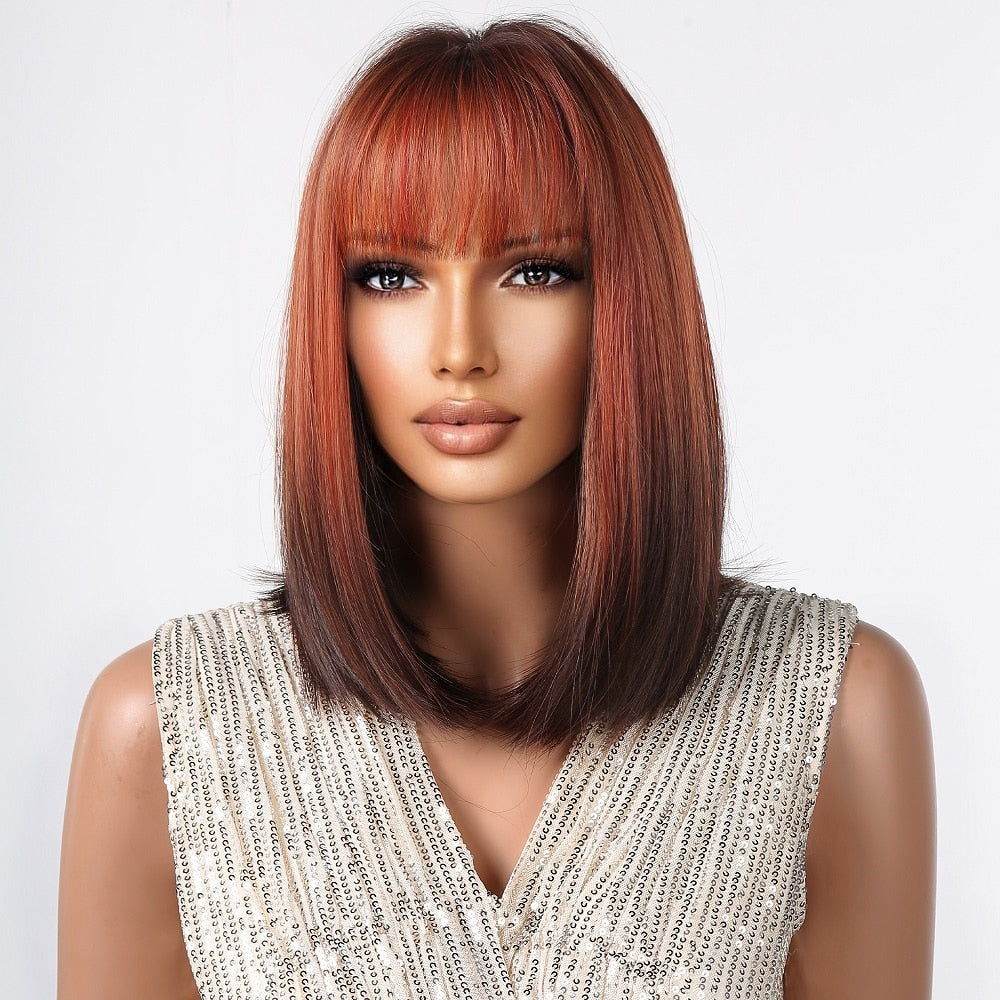 Orange Ombre Brown Short Straight Synthetic Wigs with Bangs