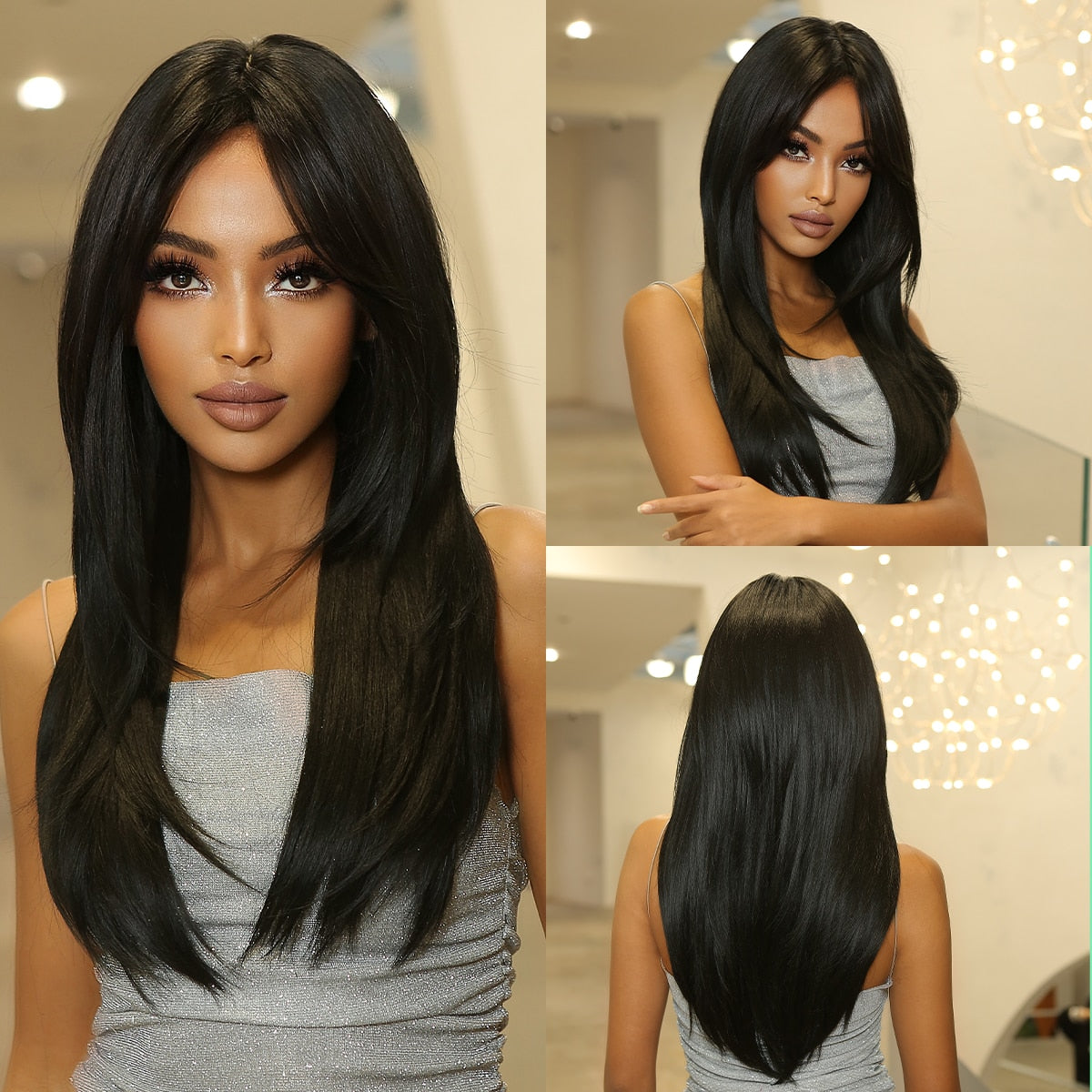 Medium Length Brown Highlight Layered Synthetic Wigs Natural Straight Hairs Wig