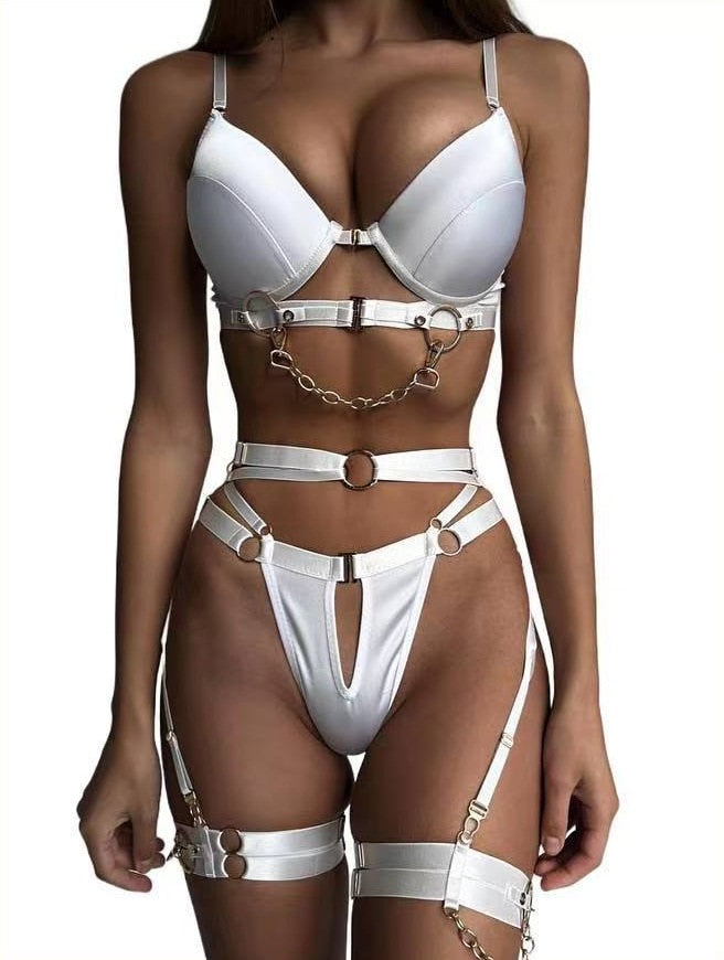 3-Piece Padded Lingerie Set Women Gothic Sensual Chain Decorated Gothic Erotic Set Sexy Red Brief Set