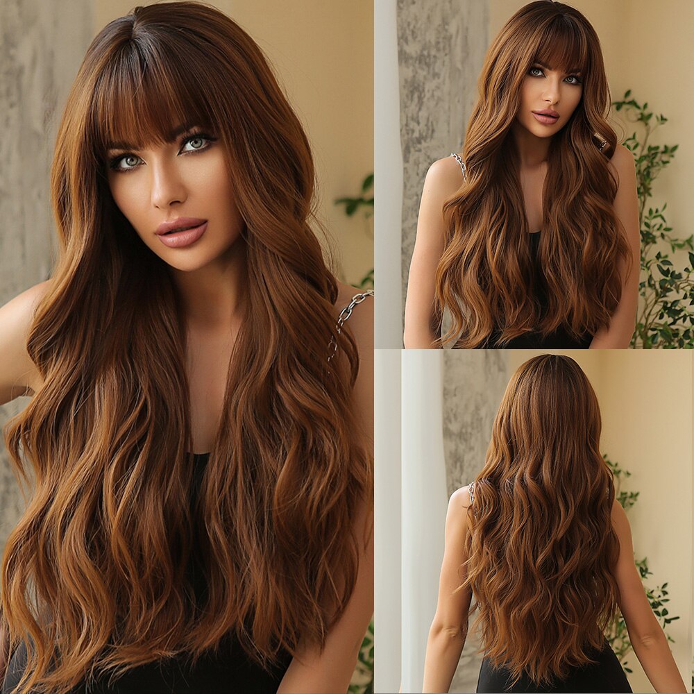 Long Wavy Brown Blonde Highlight Synthetic Wigs with Bang