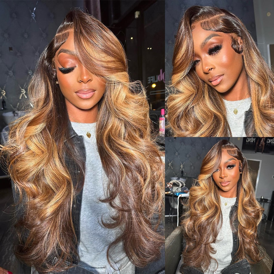 Honey Blonde Highlight Human Hair Wig 13x4 Lace Frontal Wig Body Wave Lace Front Wig