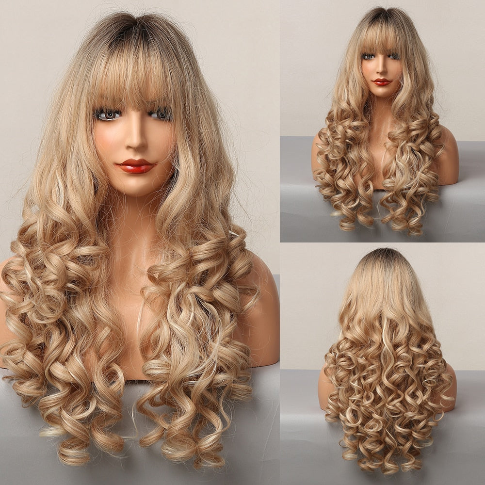 Platinum Blonde Synthetic Curly Long Wavy Wig with Bangs