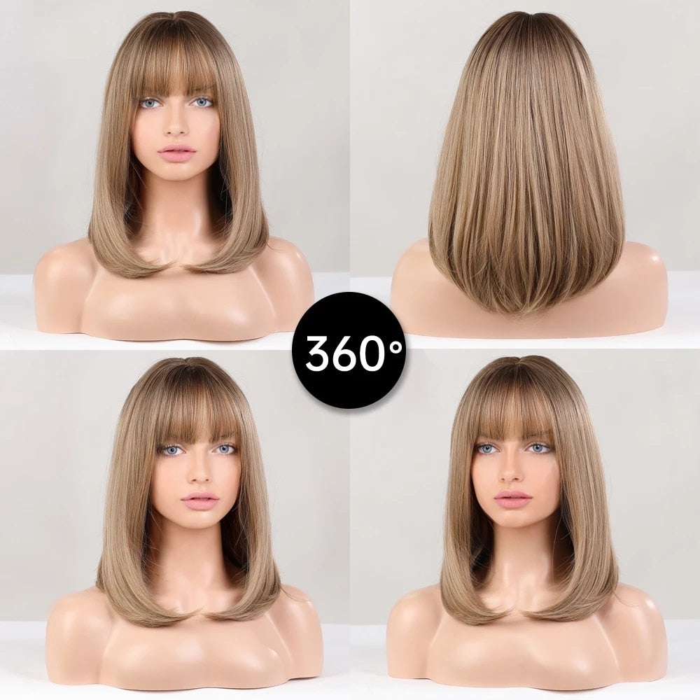 Golden Brown Short Straight Bob Synthetic Wigs with Bangs