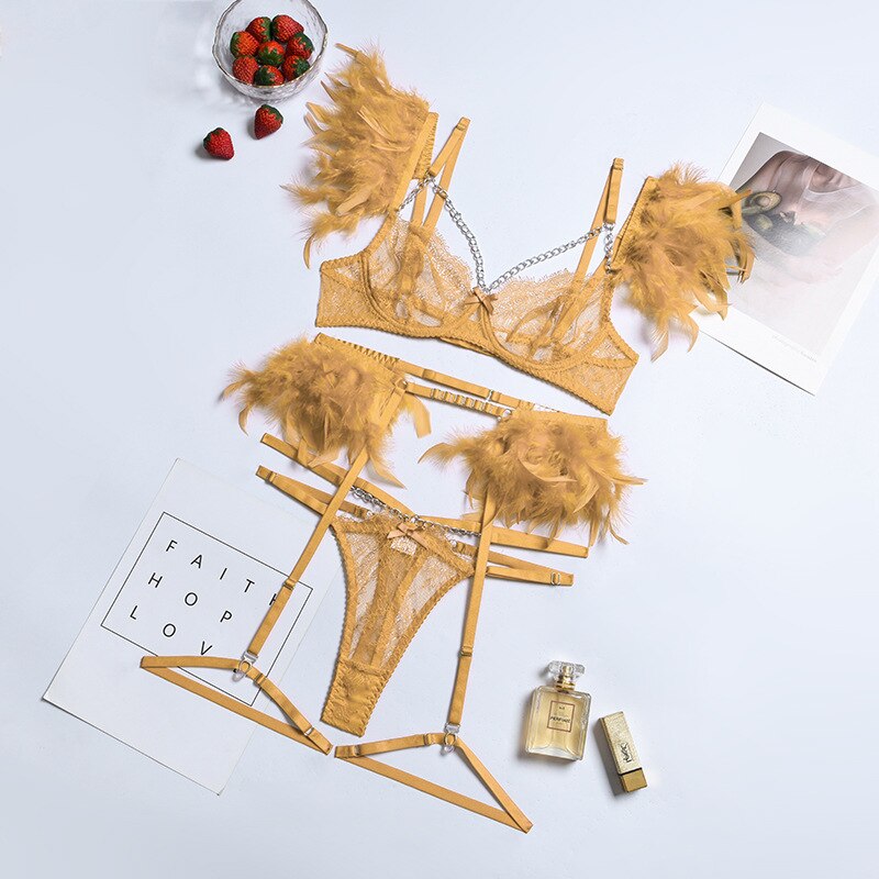 3-Piece Lace Feather Exotic Sets Women Chain Patchwork 8 Colors Panty Underwear Set Ladies Sexy Lingerie Set