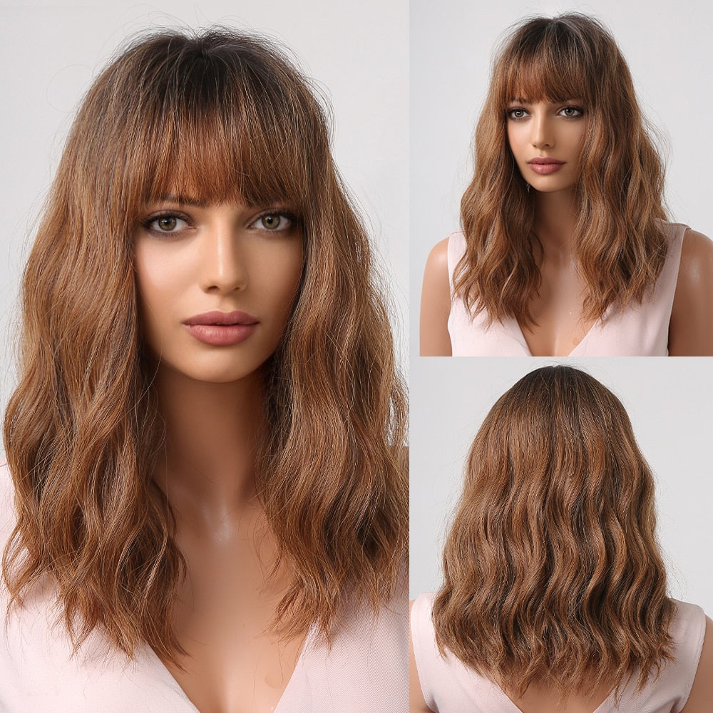 Red Copper Ginger Synthetic Wigs with Bangs Medium Length