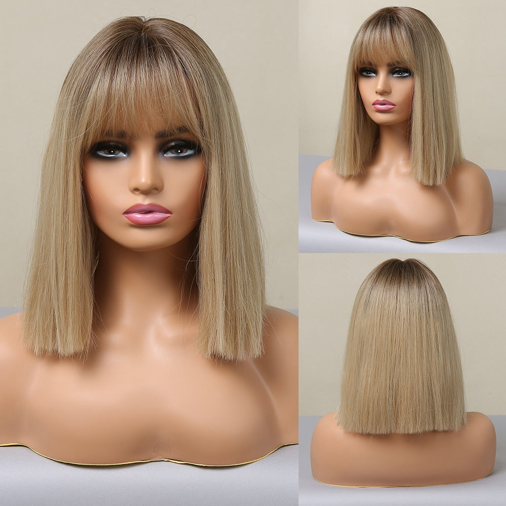 Red Copper Ginger Synthetic Wigs with Bangs Medium Length