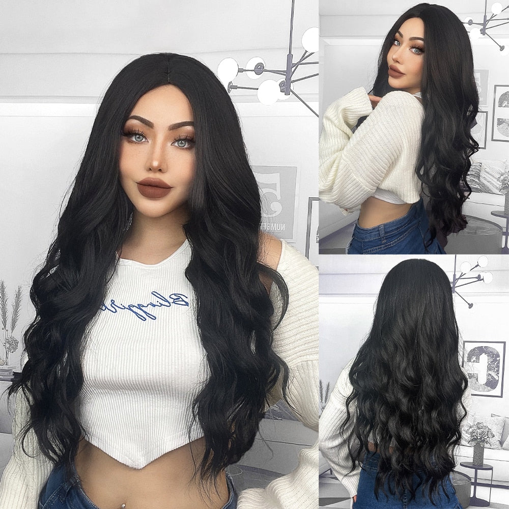 Long Wavy Ombre Black White Synthetic Wigs