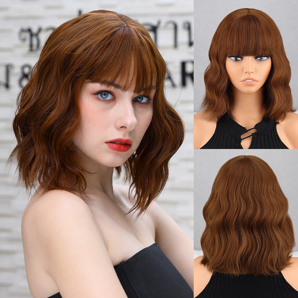 Blonde Wavy Medium Synthetic Wig Women's Bangs Pink Black Wig