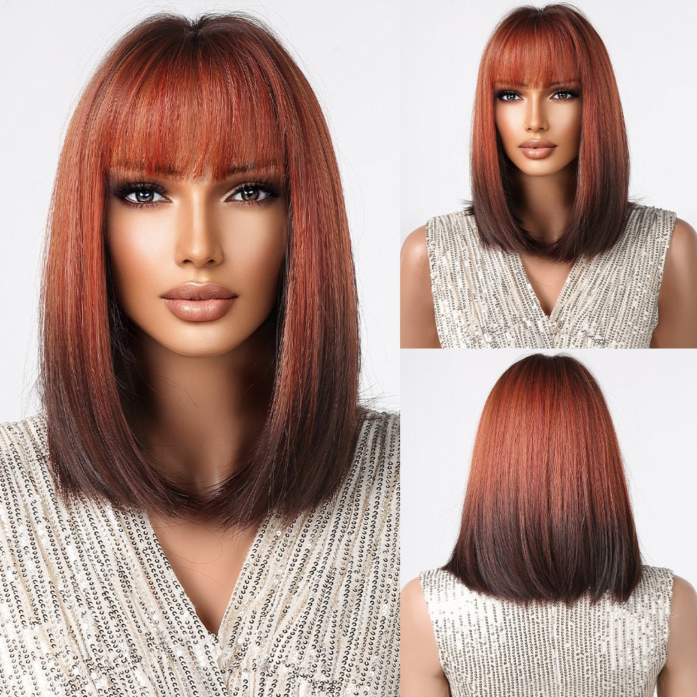 Orange Ombre Brown Short Straight Synthetic Wigs with Bangs