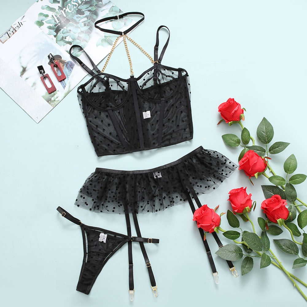 Dot Erotic Lingerie Set Transparent Panty Underwear Set With Ruffled Halter Exotic Sets See Through Garters Kit